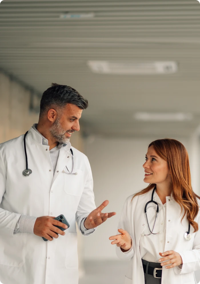 Healthcare workers in conversation